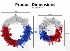 Detailed size comparison of 32cm and 28cm red blue silver star tinsel wreaths for party decor