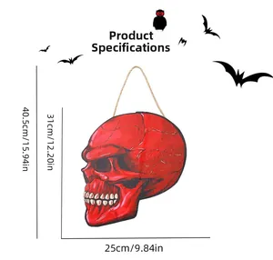 Detail view of red skull Halloween door sign showing dimensions and rustic hanging twine