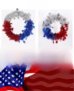 Detail of red blue and silver tinsel patriotic wreaths in large and small sizes