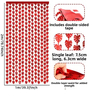 Detail of red metallic monstera foil fringe curtain 1x2m with adhesive back for party decor