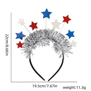 Detailed dimensions of the red, white, and blue sequin star headband with size labels