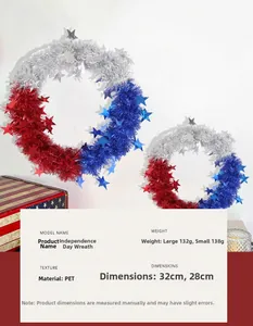 Close-up of July 4th Independence Day wreath with red blue silver stars on white wall