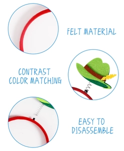 Détail d'un serre-tête avec chapeau en feutre vert, ressort métallique et texture velours