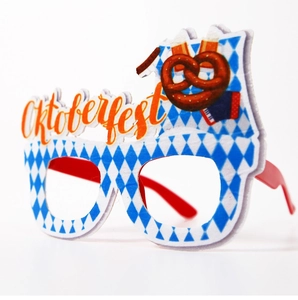 Detailed side view of Oktoberfest party glasses with blue rhombic pattern and orange text