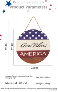 Détail montrant les dimensions de la plaque en bois Independence Day avec texte God Bless America