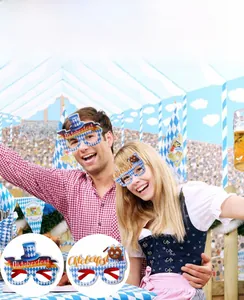 Detail of Oktoberfest party glasses with beer mug and pretzel design on blue checkered frames
