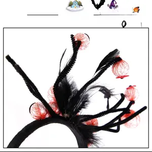 Dettaglio del cerchietto di Halloween con bracci in peluche neri e piume decorative