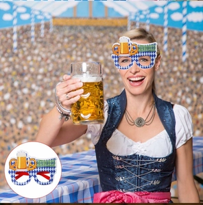 Oktoberfest themed glasses with beer mugs and pretzel design on a blue checkered frame