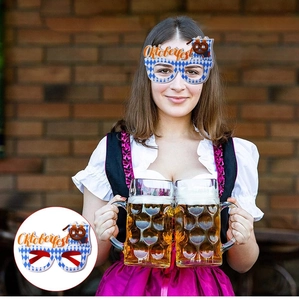 Oktoberfest themed party glasses with blue white checkered design and pretzels for festivals