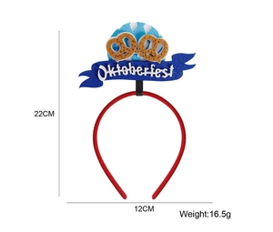 Vue détaillée du serre-tête Oktoberfest dimensions 22cm par 12cm avec bretzels