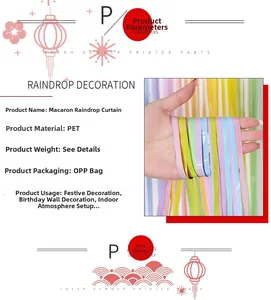 Macro detail of multi-color macaron foil fringe curtain made of high-quality PET material