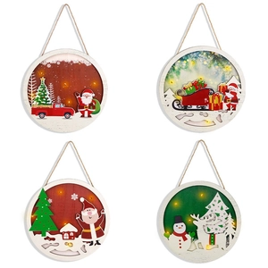 Enseigne Suspendue Ronde en Bois de Noël avec Lumières LED Père Noël Élan Bonhomme de Neige Motif Ornement de Porte Mur Décoration Festive