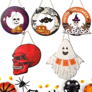 5-piece Halloween wooden hanging ornaments set featuring ghosts, skulls, and bats