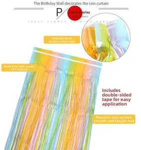 Detail of macaron gradient fringe curtain showing 6mm adhesive tape and PET material