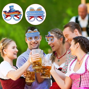 Oktoberfest party glasses with Bavarian diamond patterns and beer mug hat decorations