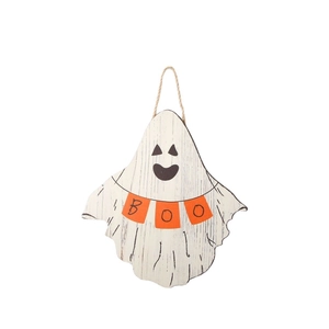 Halloween ghost wooden door sign with Boo text and rustic white wood grain finish