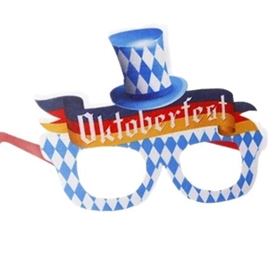 Bavarian Oktoberfest party glasses with blue white checkered pattern and hat decor