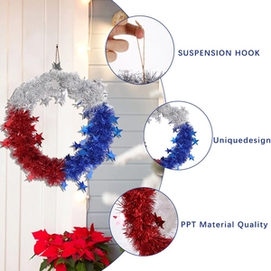 Patriotic July 4th tinsel wreath with red blue and silver stars for home front door decor