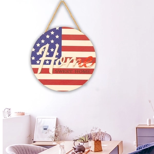 Round wooden American flag hanging sign with Home Sweet Home text and jute rope hanger