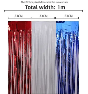 Detail of red white and blue foil fringe curtain with 1 meter total width measurement