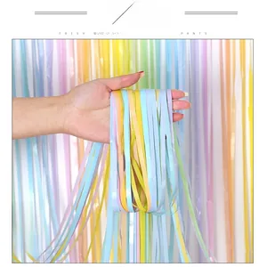 Detail shot of colorful macaron tinsel curtain for party and birthday photography backdrop
