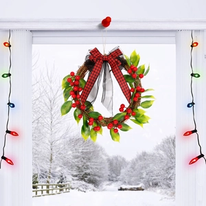 Christmas Wreath Red Berry Green Leaves Plaid Bowknot Artificial Vine Wreath Home Holiday Front Door Wall Hanging Decor