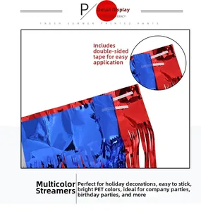 Detail of red and blue PET foil fringe curtain with self-adhesive backing for party decor