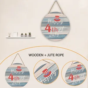 Panneau décoratif rond en bois pour le 4 juillet avec drapeau américain et corde