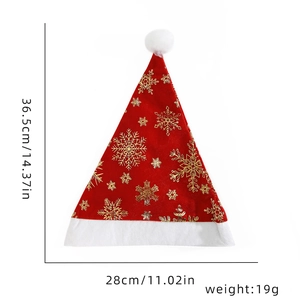 Detailed size chart for red plush Christmas hat with gold snowflakes and white pom-pom