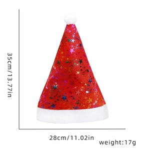 Detailed size chart of red Christmas hat with colorful stars and soft plush trim