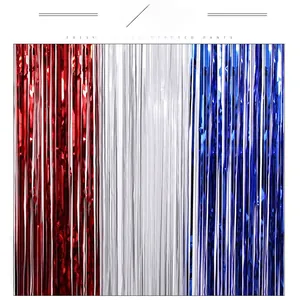 Detail of red white and blue metallic tinsel foil fringe curtain for party decor