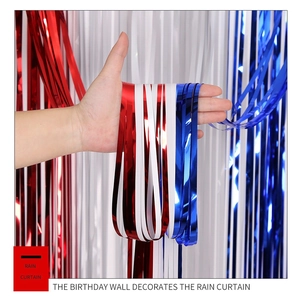 Detail of metallic red white and blue foil fringe curtain for Independence Day decor