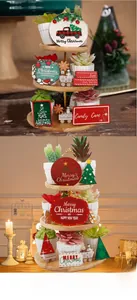 Three-tier wooden tiered tray decorated with Christmas ornaments and mini succulents