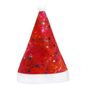 Christmas hat with golden snowflakes and musical notes pattern on red plush fabric