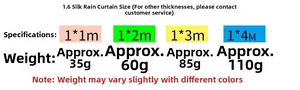 Detailed size chart for party rain silk curtains showing length, width and weight specs