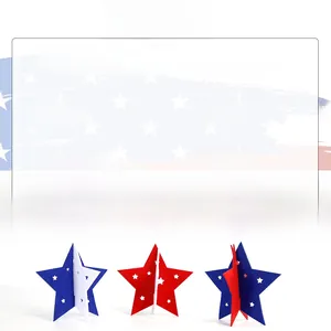 Close-up of red white and blue felt star ornaments for Independence Day celebration