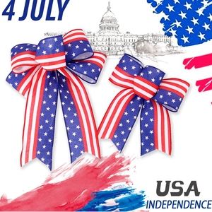 Detail of USA Independence Day bow ornaments with red stripes and blue star patterns