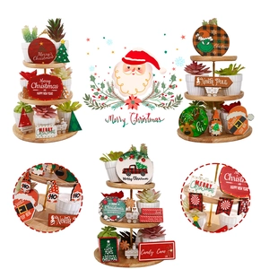Wood Christmas Tiered Tray Decor Set Rustic Farmhouse Table Centerpiece Signs Festive Holiday Party Ornaments For Home Bar