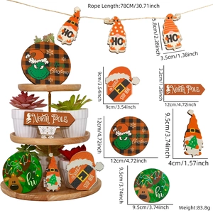 Christmas tiered tray decor set featuring Grinch gnome and festive wooden ornaments