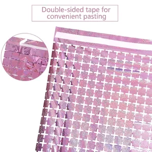 Pink laser iridescent rain curtain with square pattern and self-adhesive strip for party decor