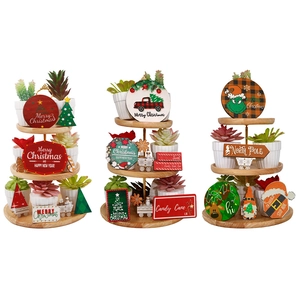 Christmas tiered tray decor set with wooden signs, mini succulents, and festive ornaments