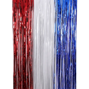 Metallic red white and blue tinsel fringe curtain for Independence Day party decoration