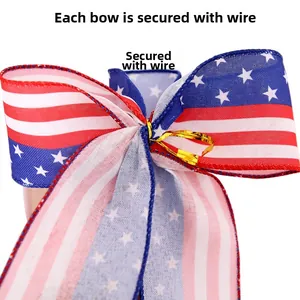 Detail showing American flag bow assembly with secure gold twist tie on mesh fabric