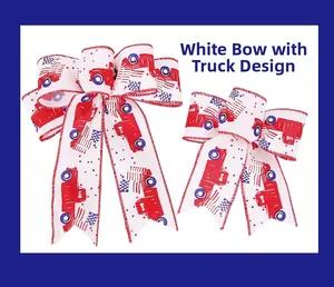 Detailed view of patriotic US flag ribbon bows with white truck patterns for July 4th decor