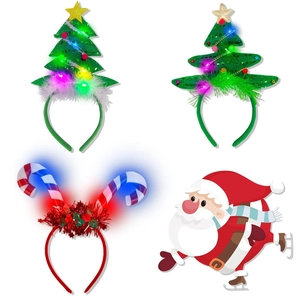 LED Light Up Christmas Headband Christmas Tree Candy Cane Hair Hoop Glowing Sequin Headband For Holiday Party Decoration