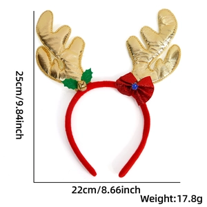 Detail of Christmas reindeer headband with golden antlers and festive sequin bow decoration