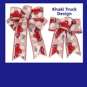 Detail of burlap American Independence Day bows featuring red vintage truck and flag patterns