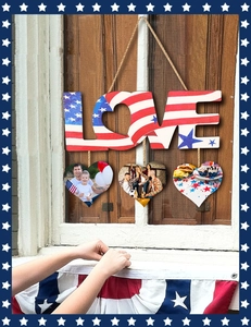 Independence Day wooden LOVE sign with American flag pattern and heart photo pendants