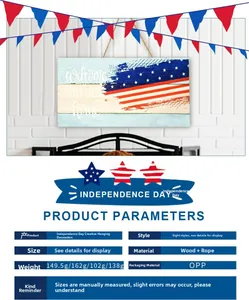 Detail of wooden Independence Day welcome sign with American flag art and jute rope