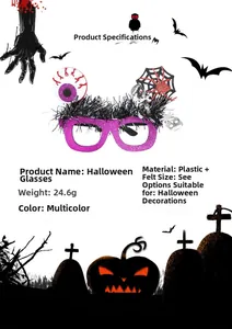 Detail of Halloween eyewear featuring purple glitter frame with tinsel and skull ornaments
